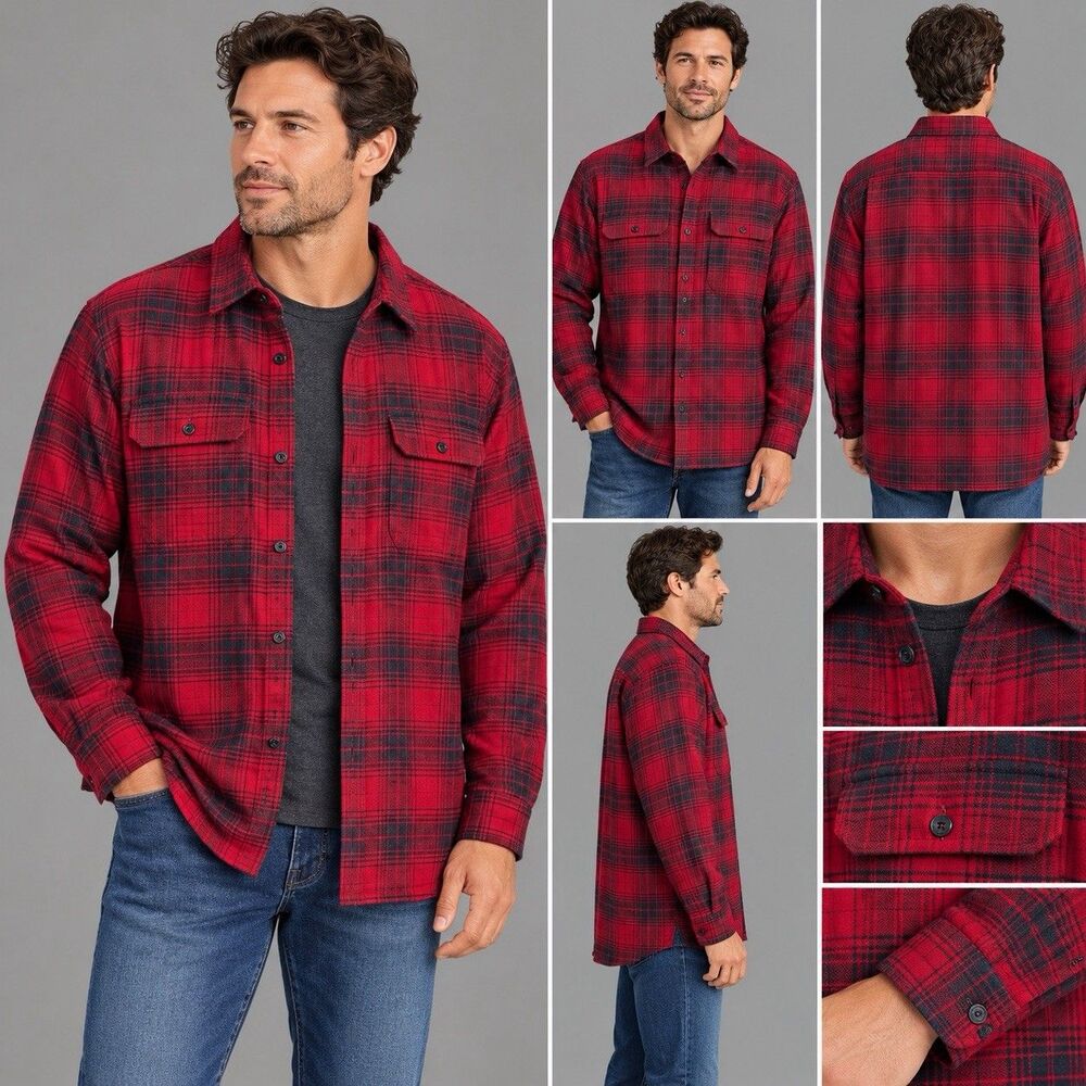 LL Bean Fleece Lined Flannel Shacket Jacket Men XLT Tall Red Black Buffalo Plaid